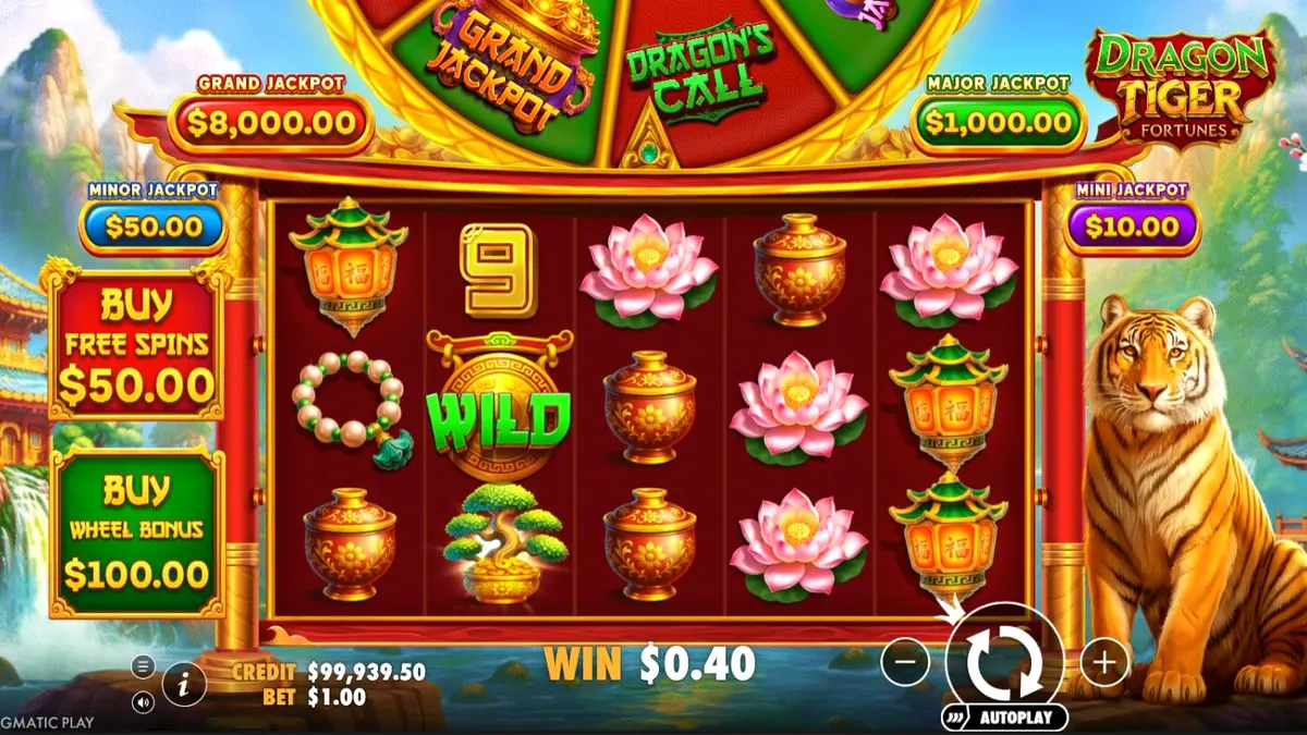 Tampilan visual slot Dragon Tiger Fortunes dengan nuansa emas dan merah yang megah