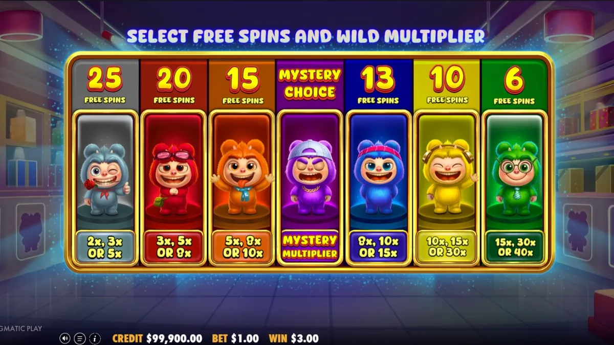 Tampilan visual slot Furry Bonanza Megaways dengan karakter beruang lucu dan gulungan Megaways