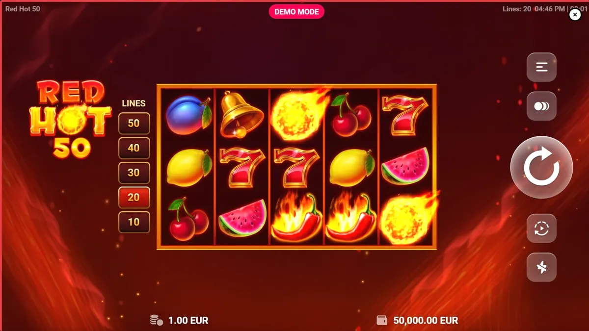 Tampilan visual slot Red Hot 50 dengan latar belakang vulkanik yang membara